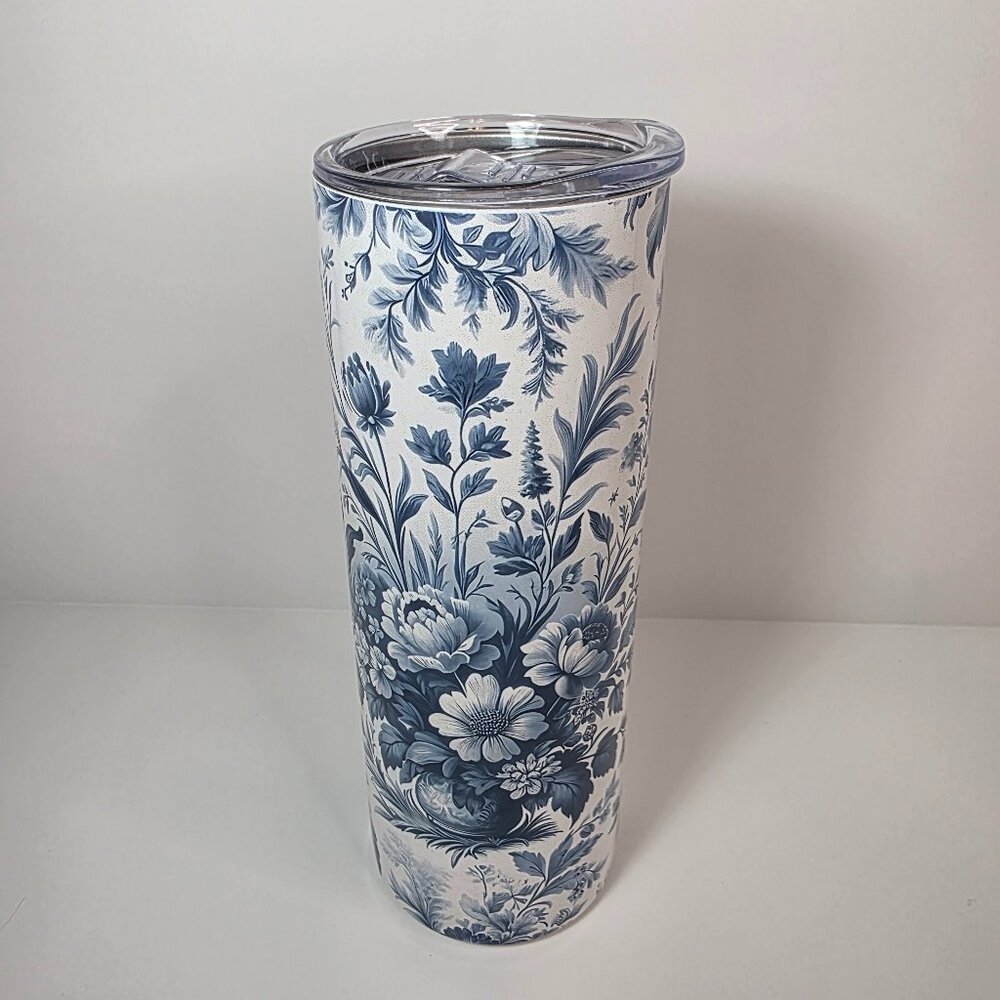Blue Toile Floral 20 oz Skinny Tumbler | Vintage Botanical Cottagecore Tumbler - Picture 3 of 5